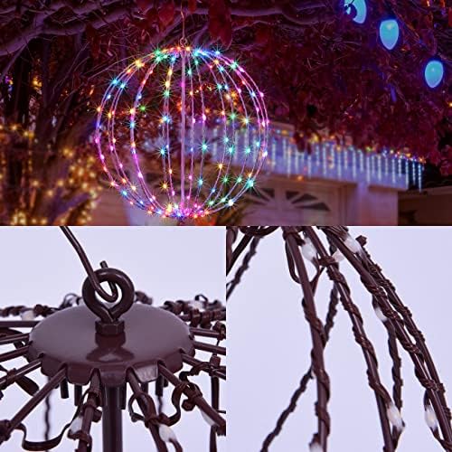 Christmas Ball Sphere, 20IN 200LED Hanging Tree and Pathway Light With Hook and Stake, Foldable Metal Frame Ball for Outdoor Garden, UL Listed, Brown Frame, RGB - Image 4