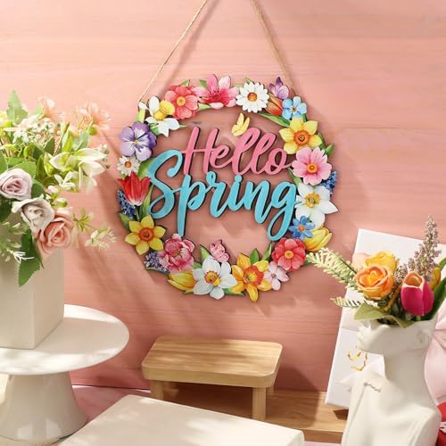 Yalikop Hello Spring Door Sign Door Wreath Wooden Spring Decor Sign Hollow Flower Welcome Hanging Signs Rustic Farmhouse Wall Plaque for Home Room Bedroom Indoor Outdoor Decorations - Image 3