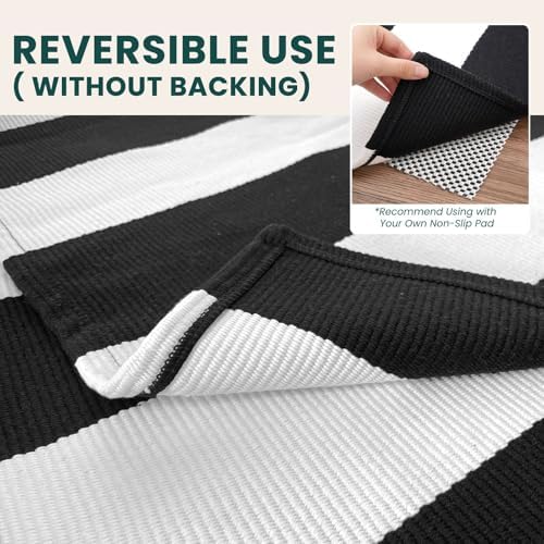 KOZYFLY Black White Striped Runner Rug 2x6 ft Woven Washable Hallway Runner - Image 4