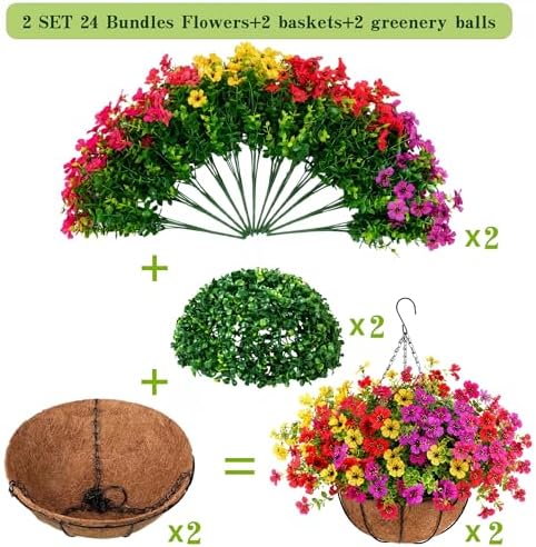 Artificial Hanging Baskets, 24 Pcs Mixed Color Mums UV Resistant Outdoor - Image 2
