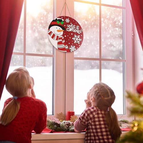 JarThenaAMCS Christmas Winter Welcome Door Sign Xmas Red Snowman Snowflake Wooden Front Door Hanging Sign 3D Round Outdoor Hanger for Party Home Wall Porch Decorations, 12 Inch - Image 5