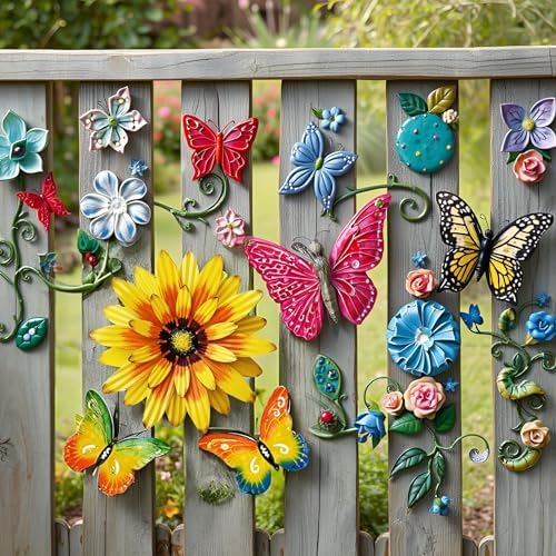 Meduofon Metal Flowers Wall Decor and Butterfly Wall Art, 3 Pack Metal Outdoor Wall Art Decor, Fence Art Wall Sculptures for Indoor Outside Garden Patio Decorations (Yellow&Green) - Image 2