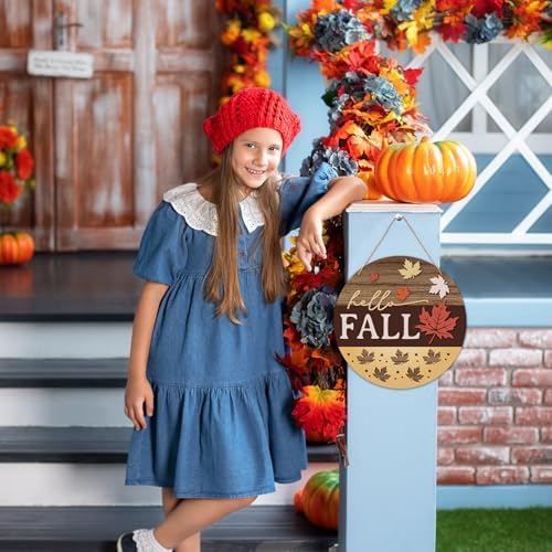 Hello Fall Door Sign - 12 Inch Autumn Welcome Sign for Front Door, Thanksgving Farmhouse Wooden Wall Decor for Indoor Outdoor Porch -B04 - Image 5