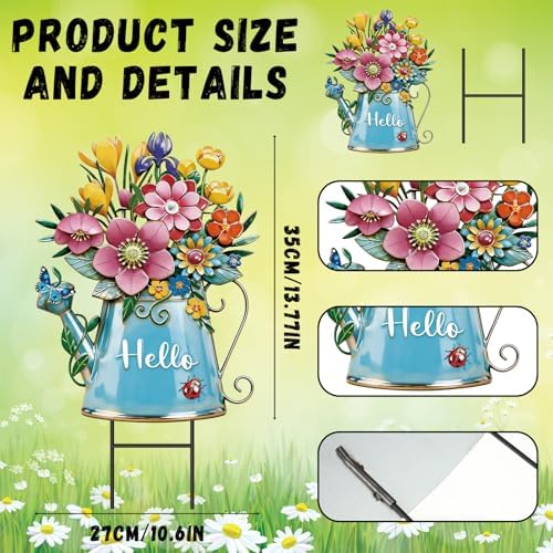 RattanView Summer Garden Decor for Outside, 26'' Decorative Garden Stakes Metal Watering Can with Flowers for Summer Decor Welcome Yard Signs for Outdoor Lawn Backyard Patio Porch Pathway - Image 3