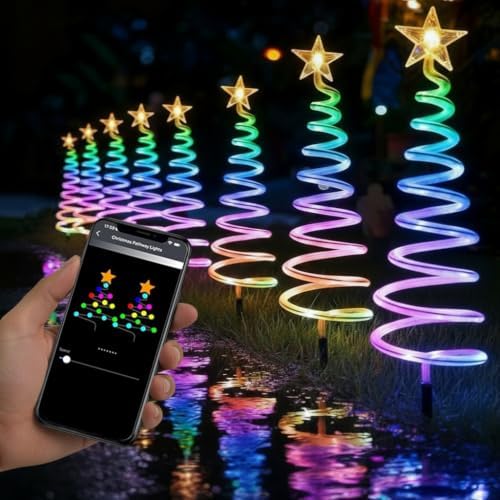 8 Pack Christmas Pathway Lights Outdoor with RGBW DIY Modes, APP Control Spiral Lighted Xmas Tree Path Lights with Scene Modes, Schedule & Music, Christmas Yard Decorations Outdoor Waterproof by Innonly