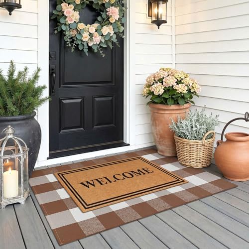 KOZYFLY Buffalo Plaid Area Rugs 2.3x3.6 Ft Front Door Mat, Brown and White - Image 3