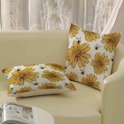 Summer Pillow Covers 18x18 Inch Set of 2 Yellow Floral Bee Sunflowers Throw Pillows Spring Outdoor Decorative Pillow Cases Linen Farmhouse Seasonal Cushion Covers Decor for Living Room Couch - Image 5