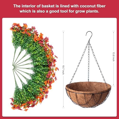 INXUGAO Artificial Silk Flowers Hanging Baskets for Outdoors Indoors, Daisy with Eucalyptus Leaves Arrangement for Garden Yard Decor, Faux Green Plant in Metal Coconut Lining Flowerpot(Orange Brown) - Image 2