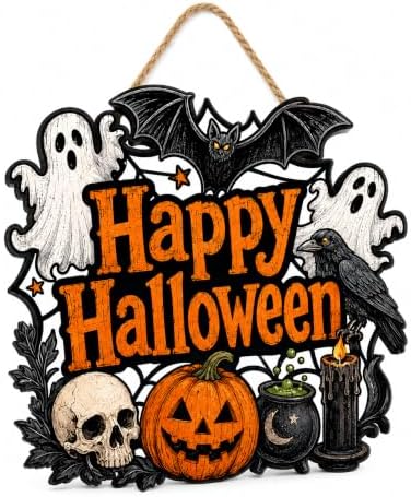 Halloween Door Decoration Sign, Halloween Pumpkin Bat Witch Wreath Front Door Hanger, Spooky Wooden Sign for Indoor Outdoor Yard, Home Decorations by Unknown