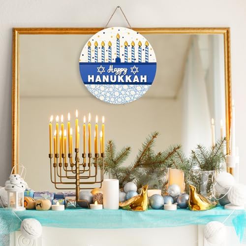 JarThenaAMCS Happy Hanukkah Welcome Door Sign Chanukah Candlestick Star Wooden Hanging Sign Blue Front Door Hanger for Indoor Outdoor Home Porch Window Decor - Image 7