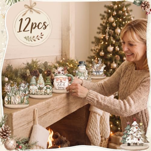 Leinuosen 12 Pcs Christmas Table Decoration Neutral Christmas Tiered Tray Decor Wooden Santa Claus Table Centerpiece Snowman Gnomes Wreath Farmhouse Xmas Decor for Home Kitchen Coffee Bar Shelf Indoor - Image 4