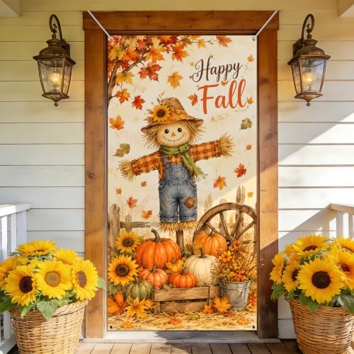 NYZE Happy Fall Door Cover Festive Autumn Harvest Design, Waterproof Outdoor Indoor Welcome Banner, Fall Pumpkin Sunflower Decoration for Home Entrance by GIVEYOUTHEBEST