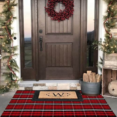 Buffalo Plaid Outdoor Rug, 3' x 5' Christmas Red & Black Check Indoor/Outdoor Area Rug, Layering Rug for Hello/Welcome Door Mat, Machine Washable Cotton Woven Farmhouse Mat for Front Porch Décor - Image 3