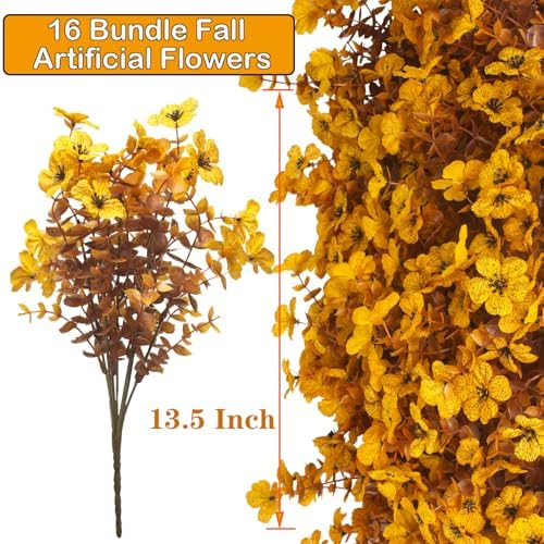 Grunyia 16 Bundles Artificial Fall Mums Outdoor UV Resistant, Fake Silk Plants No Fade Faux Greenery for Garden Porch Patio - Autumn Thanksgiving Christmas Home Decor (Fall Yellow) - Image 3