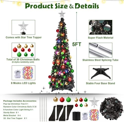 N&T NIETING Pop Up Black Tinsel Christmas Tree, 5Ft Collapsible with Lights & 30 Balls, Skinny Christmas Tree Decor for Holiday Xmas Home Office - Image 3