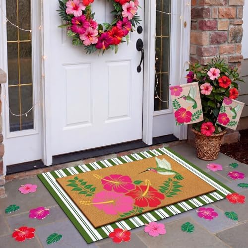 Drydiet 2 Pcs Summer Front Door Mat Set, Hibiscus Coir Striped Doormat - Image 5