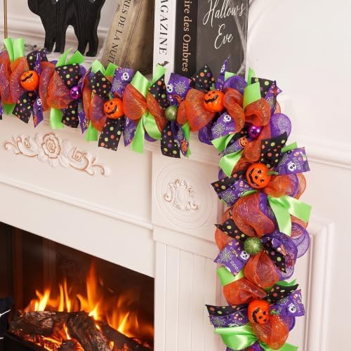 Halloween Garland for Mantle with Pumpkin Mesh Ribbons 6Ft by AllaboutGnomesDecor