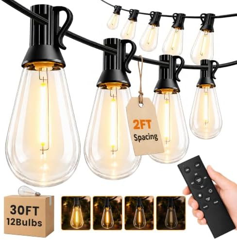 30FT(24+6) Outdoor LED String Lights with 2FT Bulb Spacing, Waterproof, Shatterproof, Dimmable, Warm White, 3 Lighting Modes, Timer, Plug in Hanging Backyard Lights for Outside, Patio by Unknown