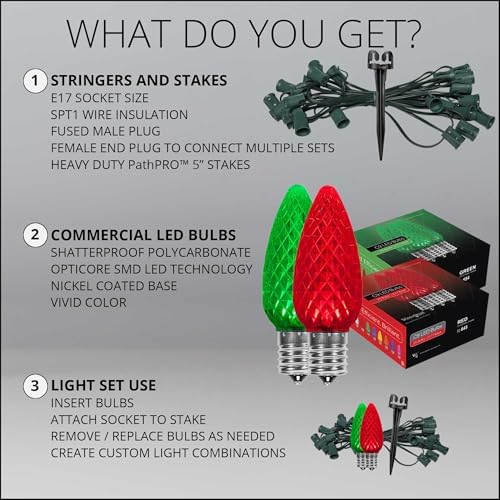 Wintergreen Lighting 100’ OptiCore LED Red and Green Christmas Pathway Lights, C9 Outdoor Landscape Lights, 4.5” Stakes, Green Wire Plug String Lights - Image 6