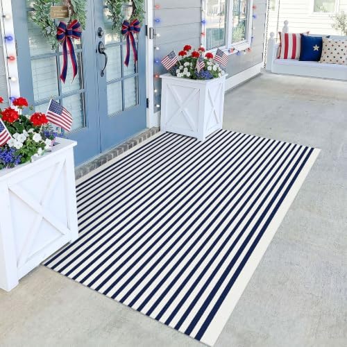 KILOCOCO Blue White Striped Rug 4x6 ft Front Door Mat Indoor Washable Rug by Kilococo