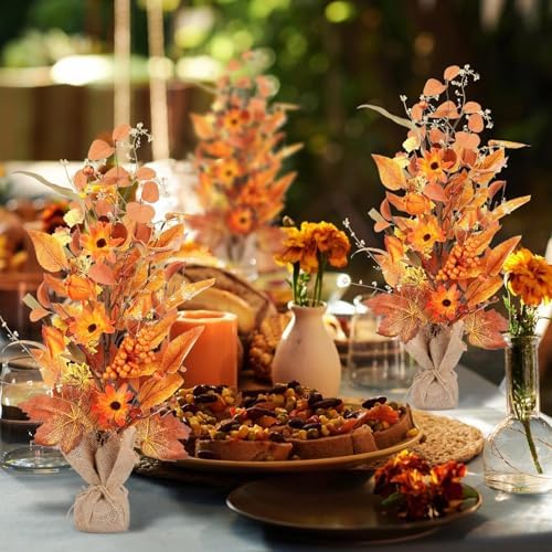 YLOLUL 2 Pcs 22 Inch Artificial Fall Tree Tabletop Decorations, Fake Berry Maple Leaf Thanksgiving Centerpieces for Table, Autumn Harvest Wedding Holiday Party Home Fireplace Mantle Decor - Image 6
