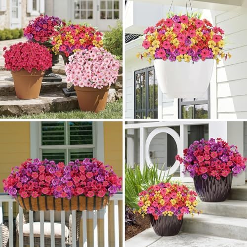 24PCS UV Resistant Artificial Flowers for Outdoors, Purple + Rosy - Image 5