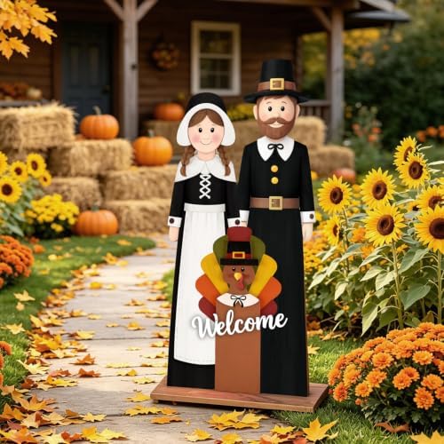Fall Welcome Sign for Front Door, 36" Thanksgiving Pilgrim Couple with Turkey, Wooden Standing Sign, Autumn Front Porch Decor for Outdoor Indoor Yard Garden - Image 4