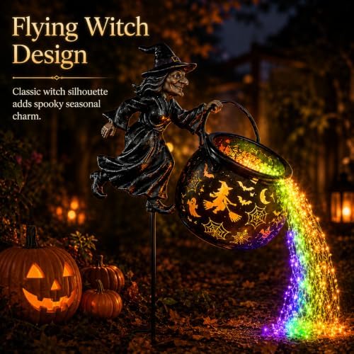 Halloween Witch Cauldron Garden Light, Outdoor Halloween Lights with Cascading Multicolor LED Waterfall and Pattern Projection, Garden Stake Decoration for Yard, Lawn, Porch and Pathway - Image 2