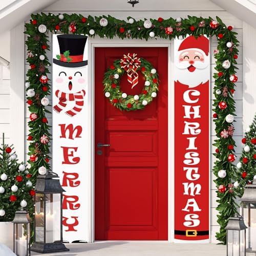 Christmas Porch Banner Sign Snowman Santa Claus Merry Christmas Banner for Xmas Holiday Wall Hanging Decor Supplies Indoor Outdoor by OTTPOOM