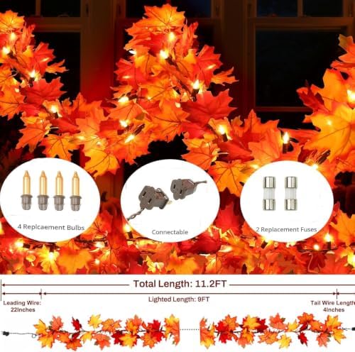 Efunly 3 Pack Fall Decorations Lighted Fall Garland,9FT 50 Count Incandescent Lights Brown Wire UL Certified Connectable Maple Leaves String Lights for Home Fireplace Mantle Thanksgiving Decor - Image 4