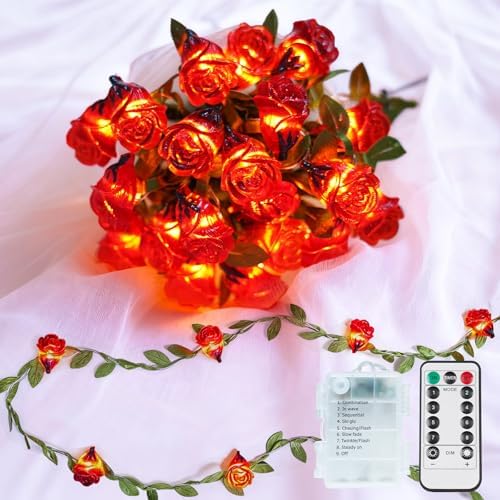 suddus 40LED Red Rose Flower String Lights Battery Powered with Remote by SUDDUS