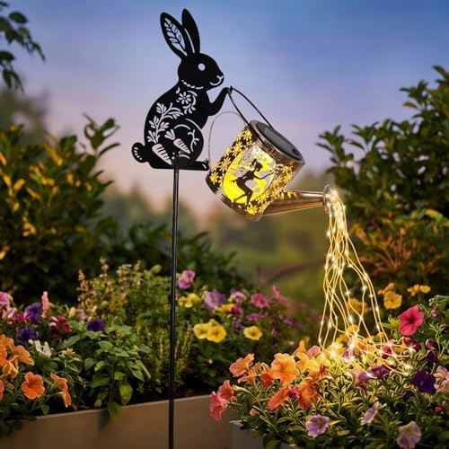 LOVERUIS Garden Statues Rabbit with Solar Watering Can Lights, Cute Outdoor Bunny Figurines Garden Decor for Patio Yard Lawn Ornaments, Unique Gift for Women Mom - Image 3