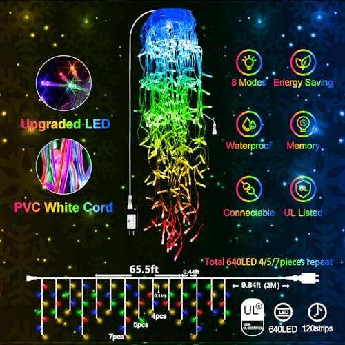 65 FT 640 LED Christmas Lights Outdoor Decorations Clear Wire String Lights Plug in 120 Drops 8 Modes Memory Timer Connectable Curtain Fairy Lights Waterproof for Holiday Wedding Party-Multicolored - Image 4