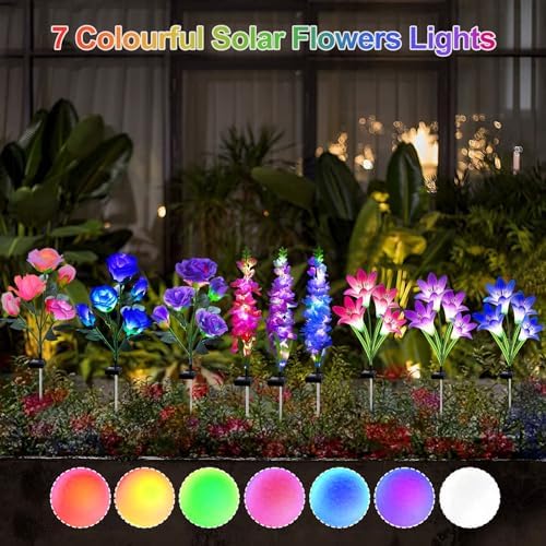 MRHEPHAESTUS Solar Garden Lights, 6 Pack Solar Flowers Lights with Lily Rose Delphinium, Waterproof Gardening Gifts for Mom Grandma Women,Multi-Color Changing Outdoor Light for Garden Yard Patio Lawn - Image 4
