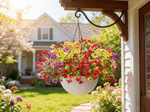 HyeFlora Artificial Faux Hanging Plants Flowers Basket for Outdoor Outside Spring Summer Decoration, Fake Silk UV Sun Resistant Realistic Colorful Daisy for Porch Patio Balcony Home - Image 6