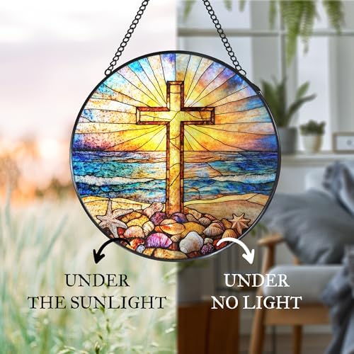 Cross Coastal Stained Glass Window Hanging Suncatcher, Christian Beach Shells Sunset Sun Catcher Indoor Window Decor Gifts, Religious Painted Glass Round Wall Hanging Decorations 7.8x7.8 in - Image 6