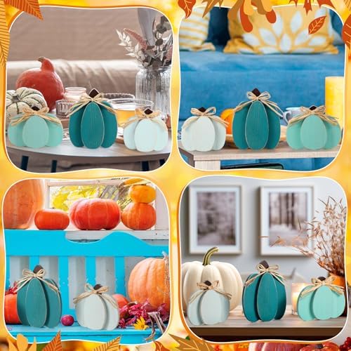 Ferraycle 3 Pcs Fall Pumpkin Decor Fall Wooden Signs 3D Pumpkin Tabletop Decor Farmhouse Sign Rustic Tiered Tray Decorations Block Centerpieces Standing Sign for Home Kitchen Harvest(Blue Color) - Image 6
