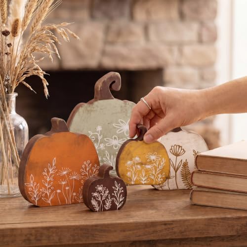 Gerrii 5 Pcs Fall Pumpkin Decor, Rustic Wooden Table Centerpieces, Floral - Image 4