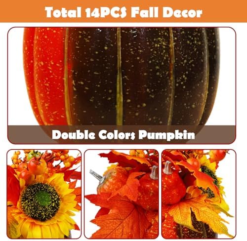 MorTime 11 Inch Thanksgiving Lighted Pumpkin Decor, Thanksgiving Decorations Artificial Pumpkin with 30 LED Lights 9 Maple Leaves 2 Pumpkins 2 Berry Stems Sunflower Straw, Autumn Home Decorations - Image 3