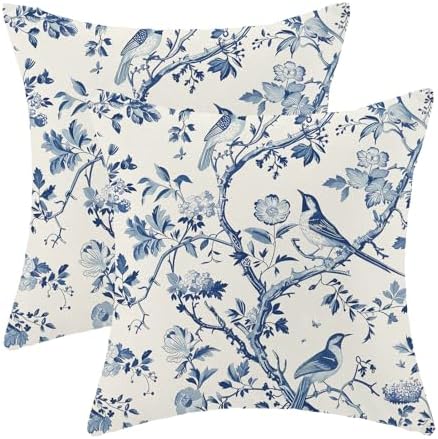 CXMEIFLY Spring Floral Pillow Covers 18 x 18 Inch Set of 2 for Navy Blue Chinoiserie Flowers Bird Decor Throw Pillows Vintage Plant Outdoor Decorative Cushion Cases for Couch Bed Decorations by CXMEIFLY