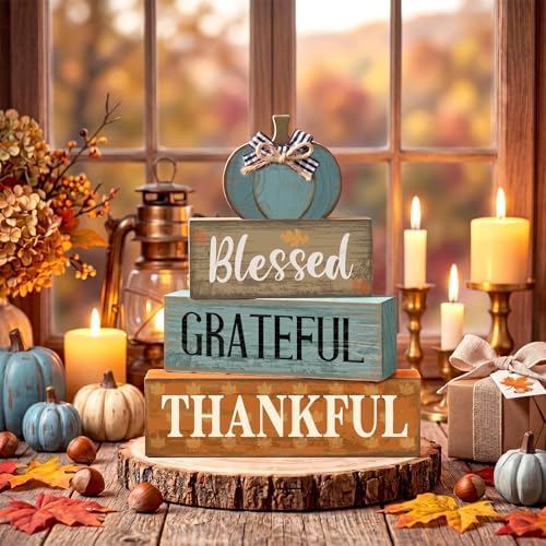 Lineshading 4 Pcs Farmhouse Block Signs Tiered Tray Decor Blue Pumpkin - Image 2