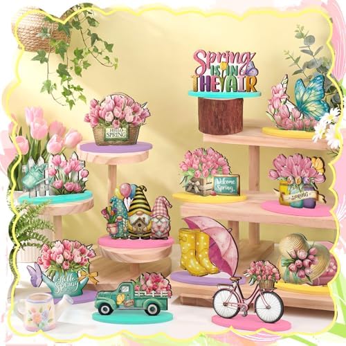 Amyhill 12 Pcs Spring Table Decorations Wooden Tabletop Centerpiece Wooden Table Sign for Tiered Tray Fiesta Carnival Party - Image 3