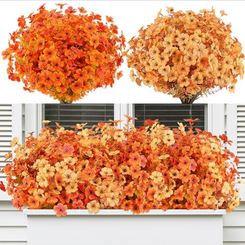 AmyHomie 16 PCS Artificial Fall Flowers for Outdoors, Orange Fake Mums - Image 3