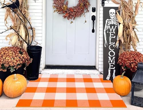 Buffalo Plaid Layered Doormat 24"x35"Orange and White Fall Front Door Mat - Image 6