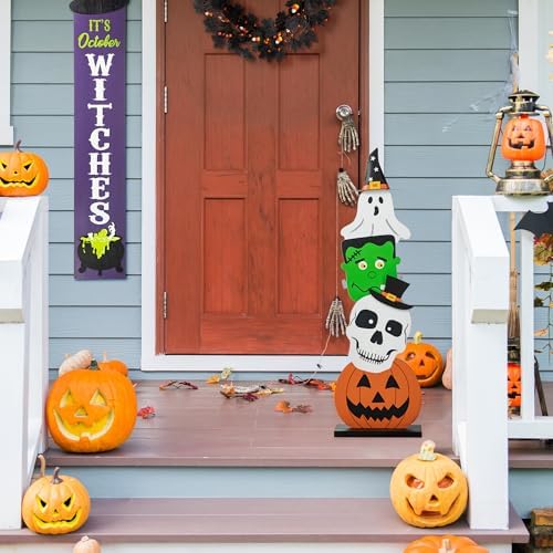 Glitzhome 36'H Wooden Halloween Stacked Ghost Frankenstein Skull Pumpkin Porch Decor, Farmhouse Yard Sign Rustic Style Porch Sign with Wood Base for Home Party Decor - Image 3