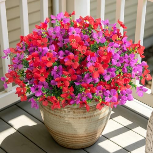 Artificial Faux Plants Flowers Outdoor Spring Summer Decoration, 12 Bundles Fake Silk Colorful Daisy Eucalyptus Realistic UV Resistant for Outside Home Planter Porch Patio Yard Decor (Red Purple) by INXUGAOArtificialFlowers
