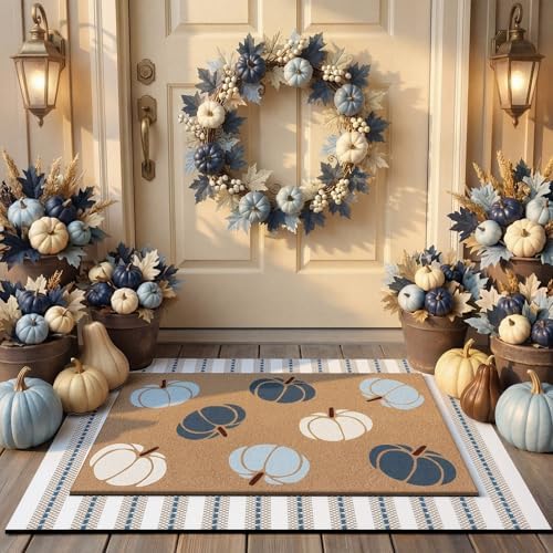 Drydiet Fall Porch Doormat Non Slip, Pumpkin Pattern Blue White - Image 4
