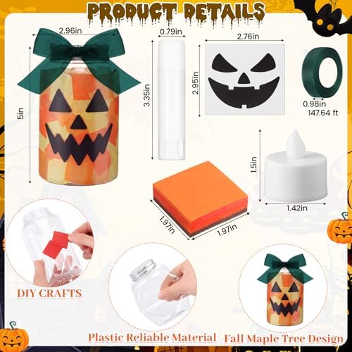 Qinyoung 12 Pcs Halloween Jack-o-lantern Crafts Pumpkin Mason Jars with LED - Image 2