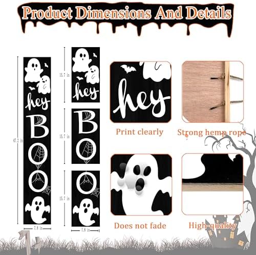 Halloween Porch Sign with Cute Ghost and Bats Design Door Hanging Decor Wooden Vertical Indoor Outdoor Standing Hey Boo Welcome Signs For Garden Home Yard Farmhouse Porch 47.2 x 7.8 Inch - Image 3