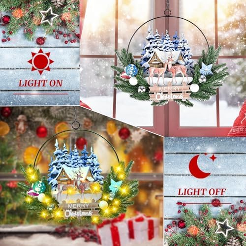 Pre-Lit Christmas Wreath for Front Door, Lighted Deer with 6H On/18H Off - Image 3